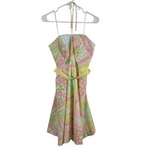 Vtg 90s Lilly Pulitzer Halter Dress Size 4 Pink Yellow Patchwork Cotton Preppy